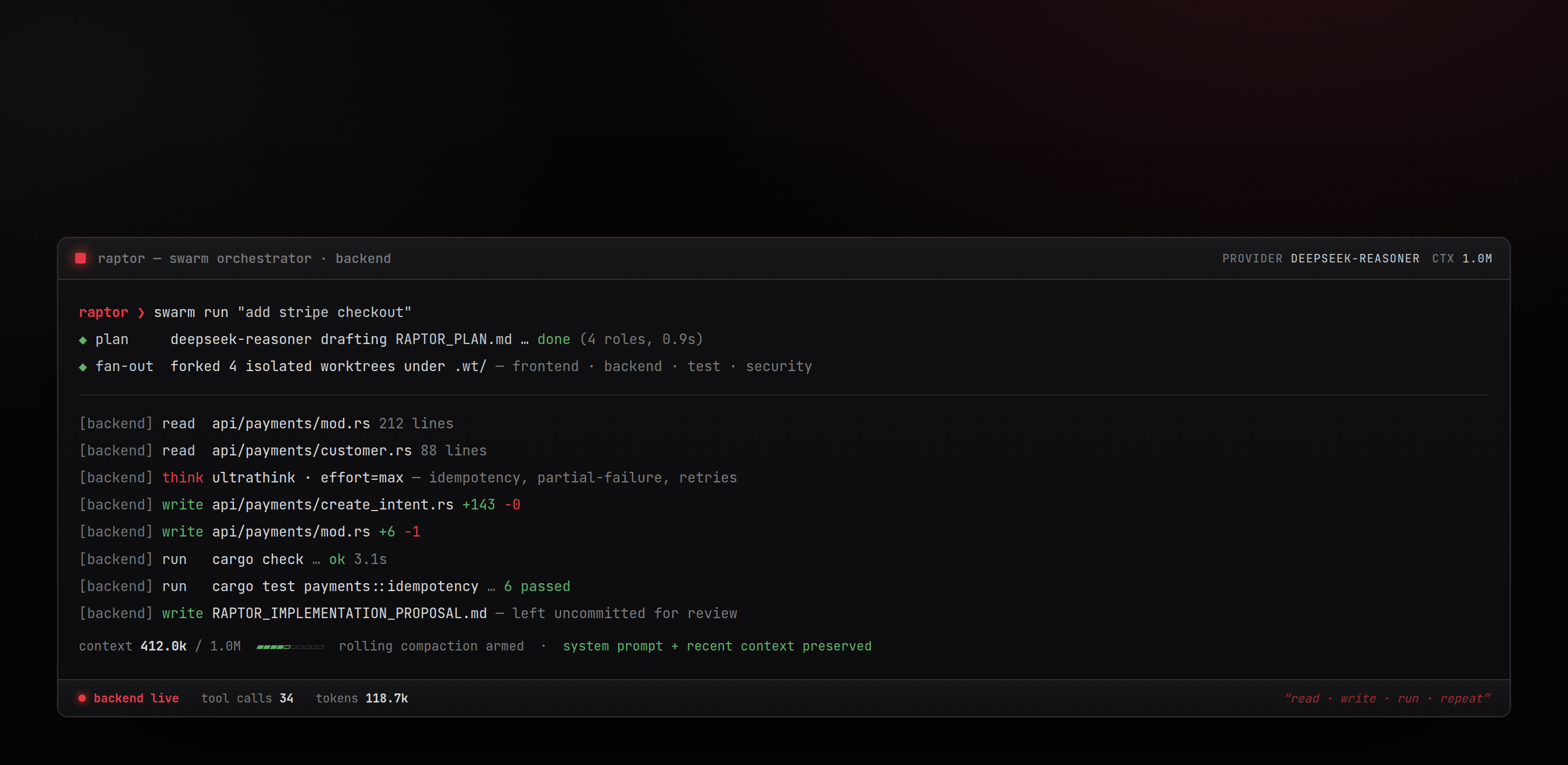 The backend agent's tool loop streaming: read, think with ultrathink, write create_intent.rs, run cargo check and tests, with a context-budget meter.