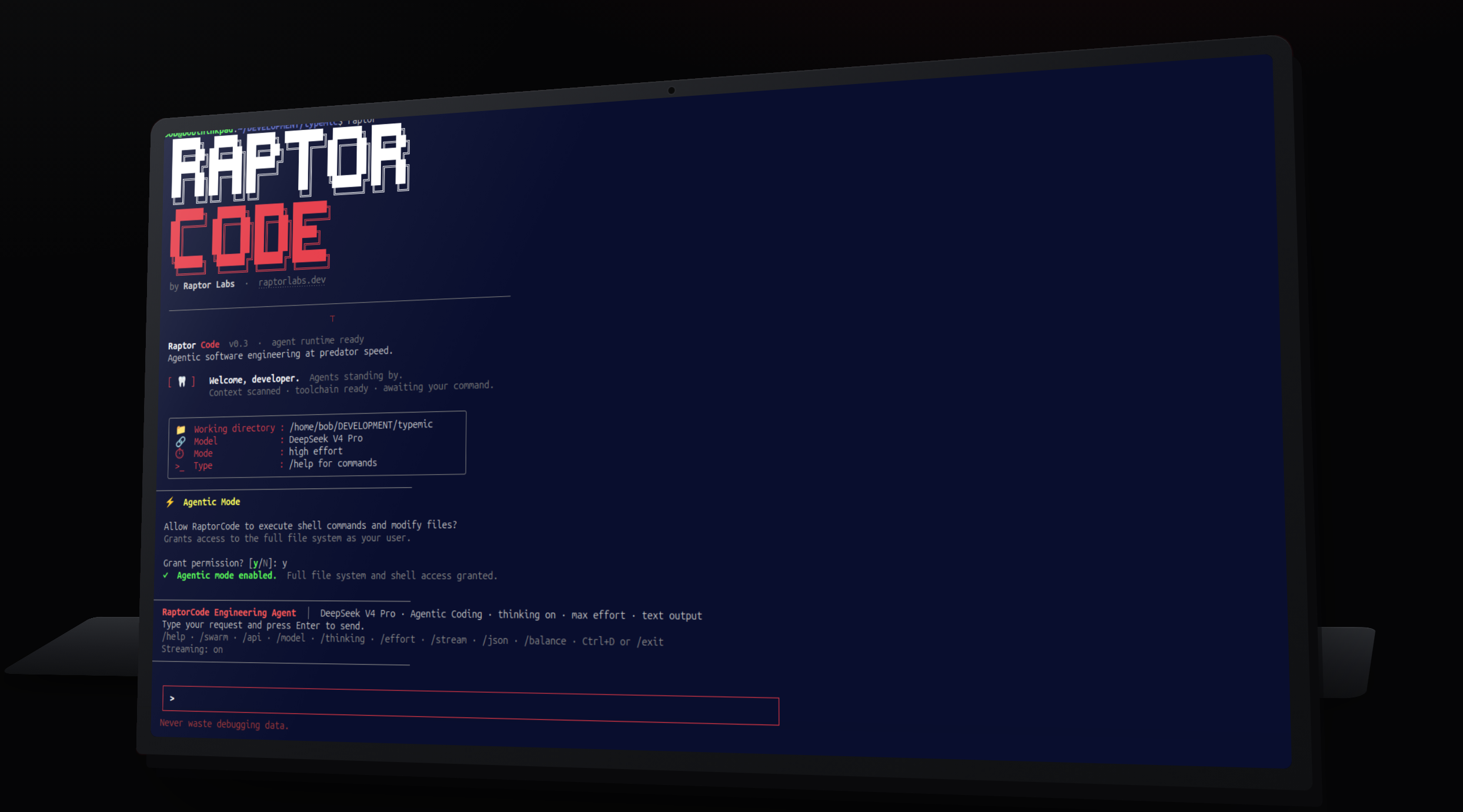 The RaptorCode agentic terminal running on a laptop.
